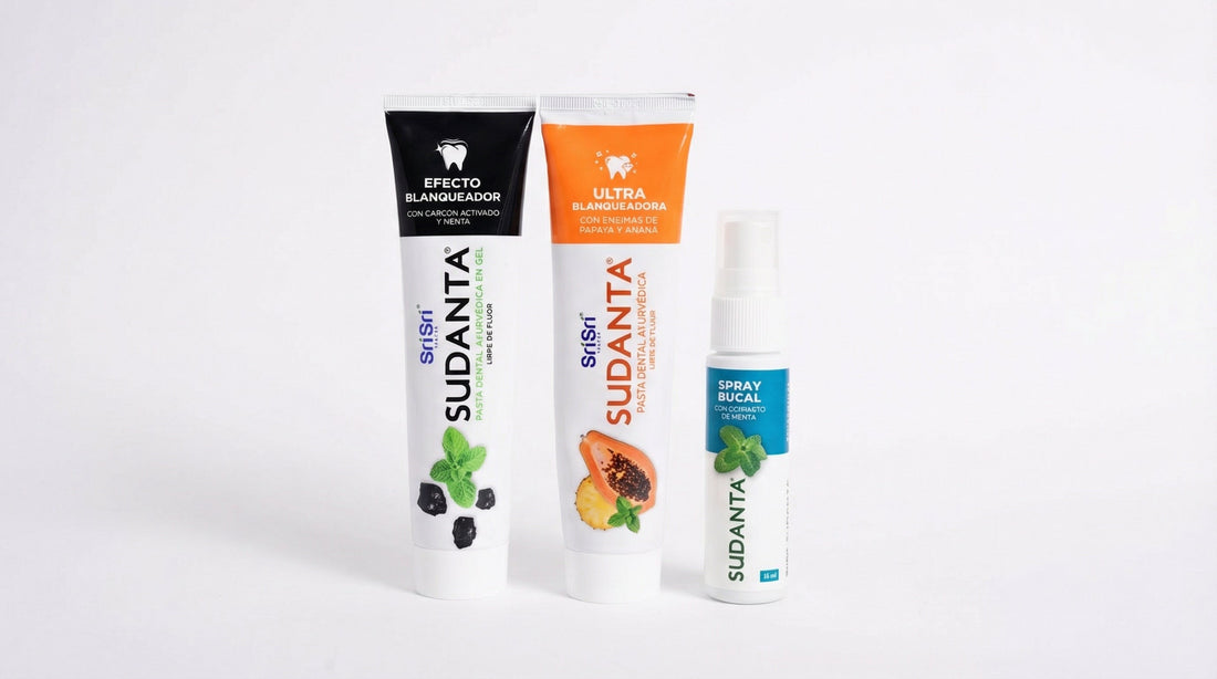 Ritual bucal ayurvédico con Sudanta, refrescante bucal y cepillo de bambú